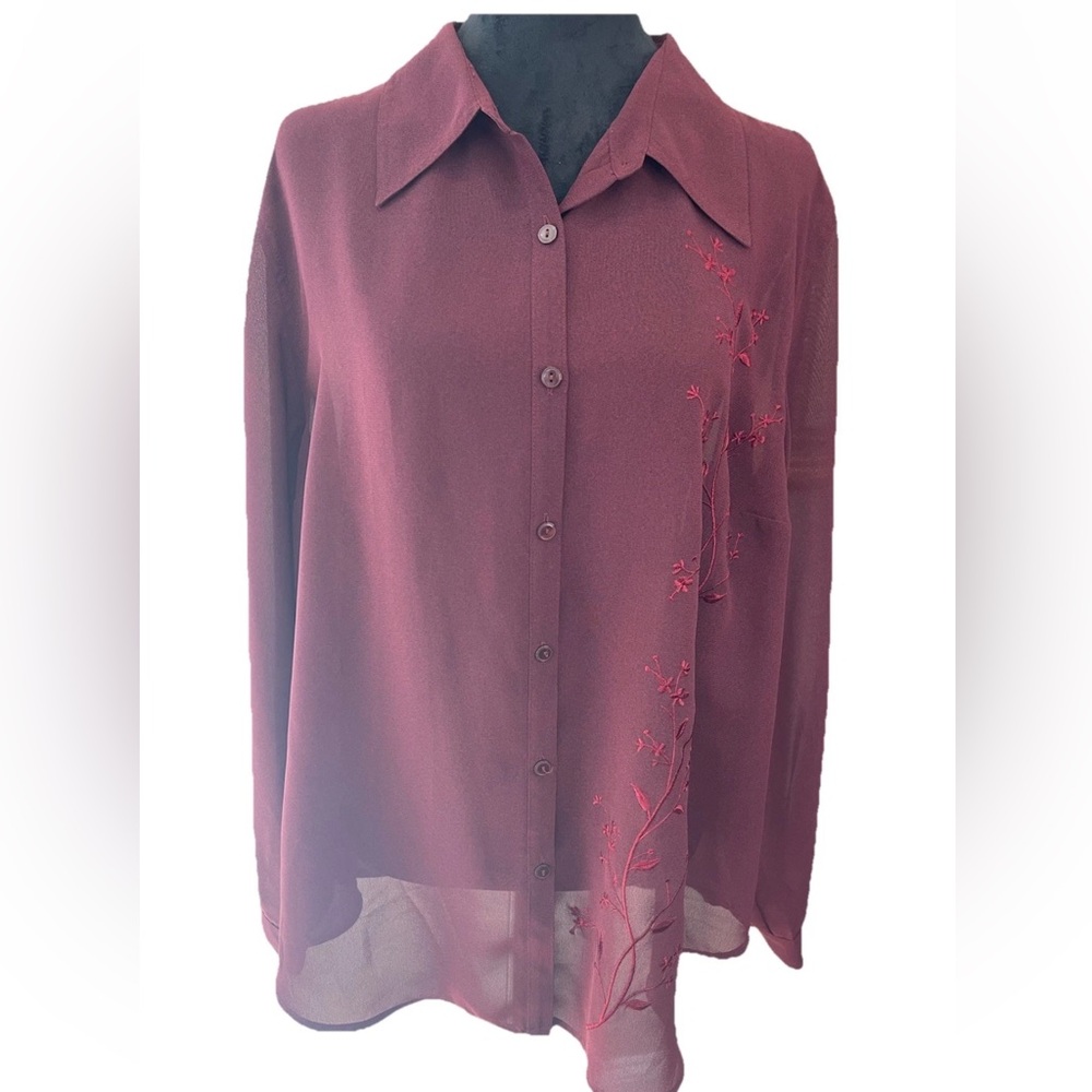 Venezia Jeans clothing‎ co sheer burgundy ladies blouse size 18/20 embroidery